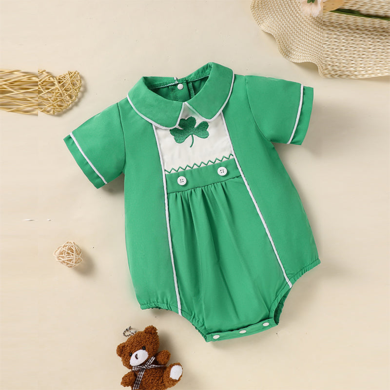US Local Baby Green Lapel Short Sleeve Romper Clover Print Button Detail Playsuit With Snap Closure