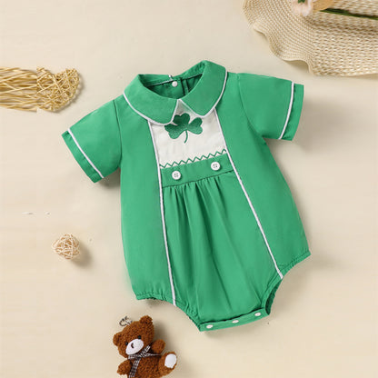US Local Baby Green Lapel Short Sleeve Romper Clover Print Button Detail Playsuit With Snap Closure