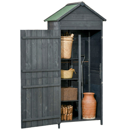 UK Local Outsunny Garden Shed 4-Tier Wooden Garden Outdoor Shed 3 Shelves Utility Gardener Cabinet Lockable 2 Doors - Grey