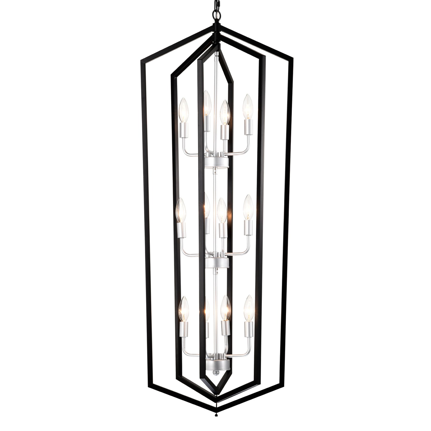 US Local 12-Light Farmhouse Kitchen Chandeliers, Matte Black And Sliver Vintage Rustic Cage Light Fixture Adjustable Height Chandeliers For Dining Room Hallway Foyer Entryway E12 Bulbs Not Included
