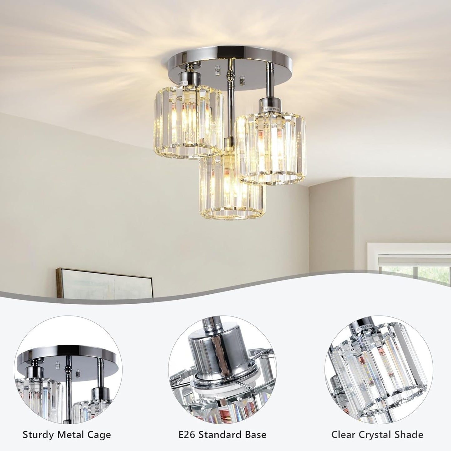 US Local Semi Flush Mount Ceiling,3-Light Kitchen Mount,Hallway Light Fixtures Ceiling With Clear Crystal Sha