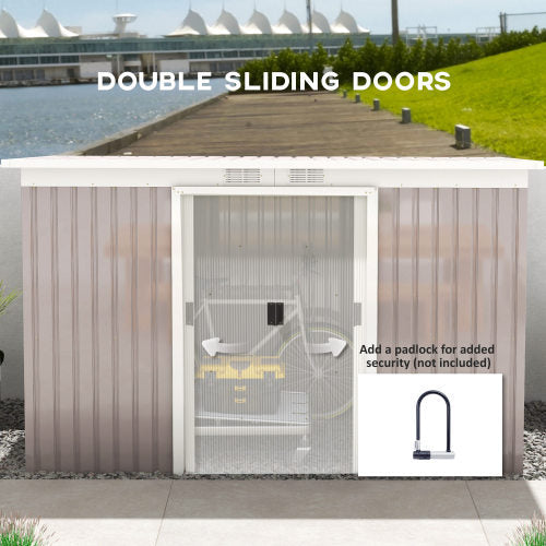 UK Local Outsunny Corrugated Garden Metal Storage Shed Outdoor Equipment Tool Box With Kit Ventilation Doors 9x 4FT Light Grey