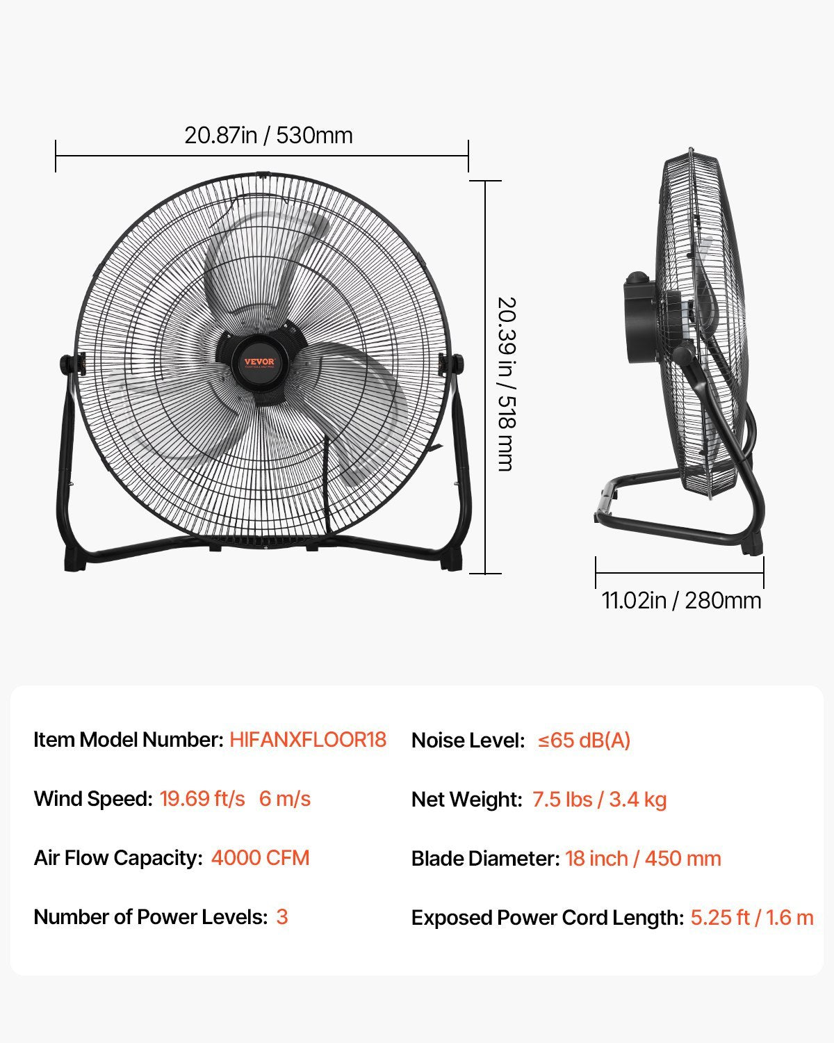 US Local 18 Inch Floor Fan 3 Speeds 360 Adjustable Tilt High-Velocity Industrial Fan