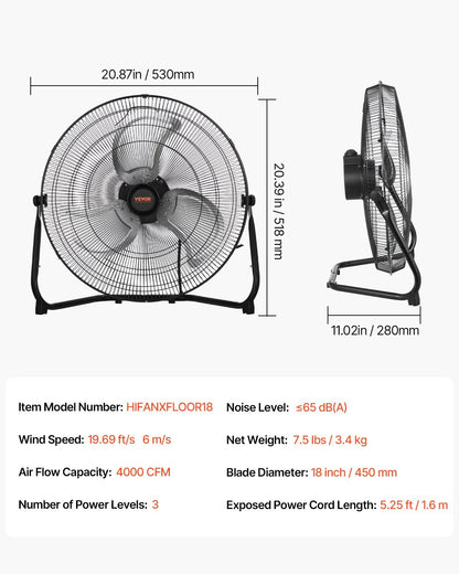 US Local 18 Inch Floor Fan 3 Speeds 360 Adjustable Tilt High-Velocity Industrial Fan