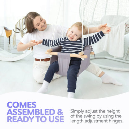 US Local Canvas Baby Swing Wooden Hanging Swing Seat Chair With Safety Belt Durable Baby Swing Chair Outdoor And Indoor Swing For Kids Mounting Hardware Included Taupe Gray