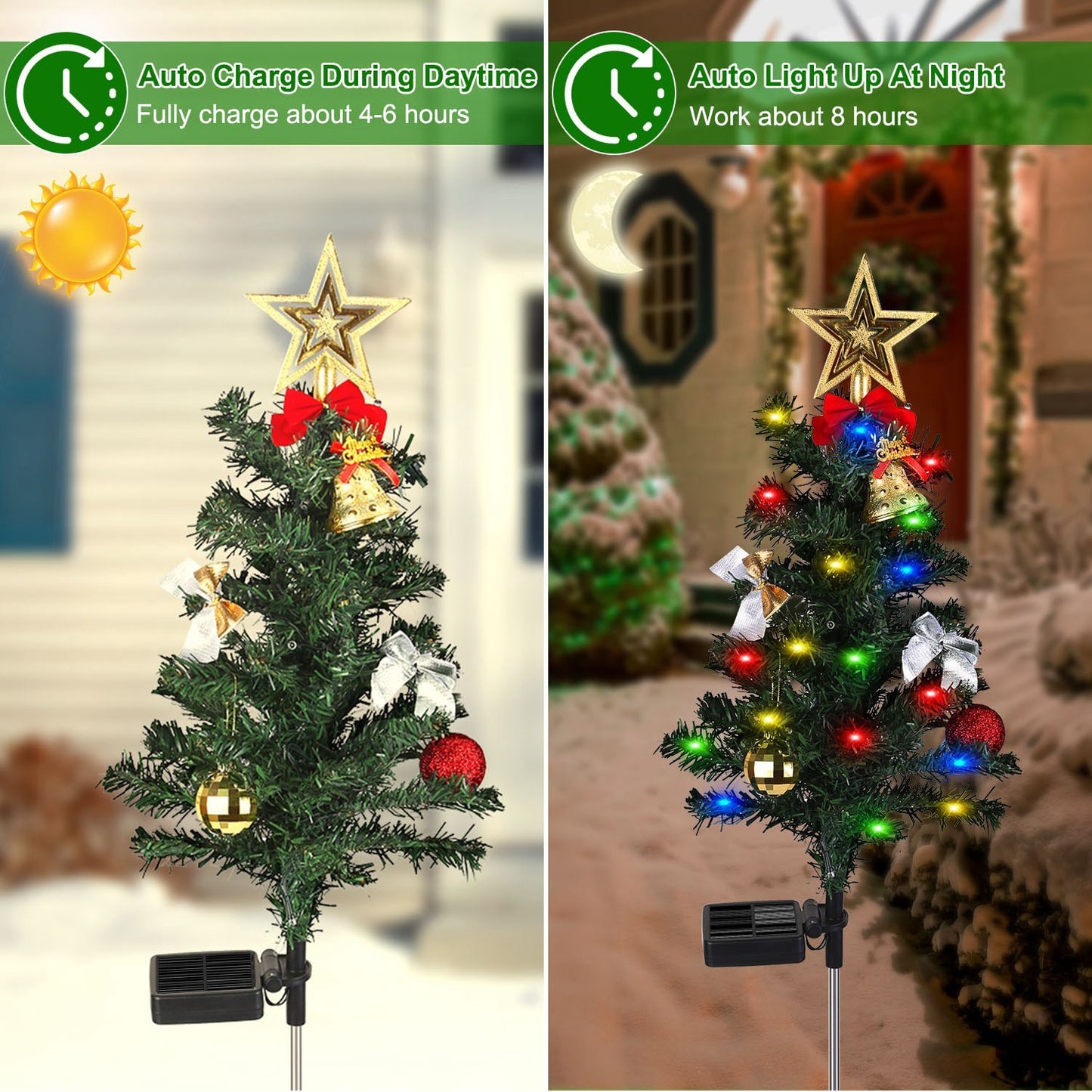 US Local 4Packs Solar Christmas Tree Lights Xmas Garden Decorations Tree Stake Lamp 20LEDs Solar Decor Light With Constant And Flashing Mode For Pathway Yard Patio Landscape