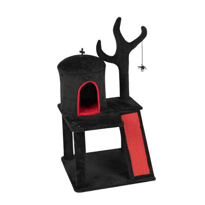 US Local Gothic Cat Tree, Halloween Cat Tower Cat Tree With Spacious Cat Condo, Brach Shaped Scratching Post, Scratching Ladder, Spider Toy For Indoor Cats, Red & Black