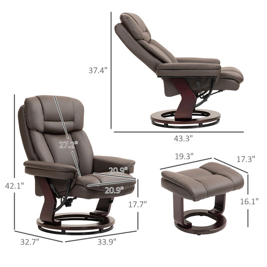 Swivel Recliner With Ottoman, PU Leather Reclining Chair With Footrest, For Living Room, Bedroom, Dark Brown