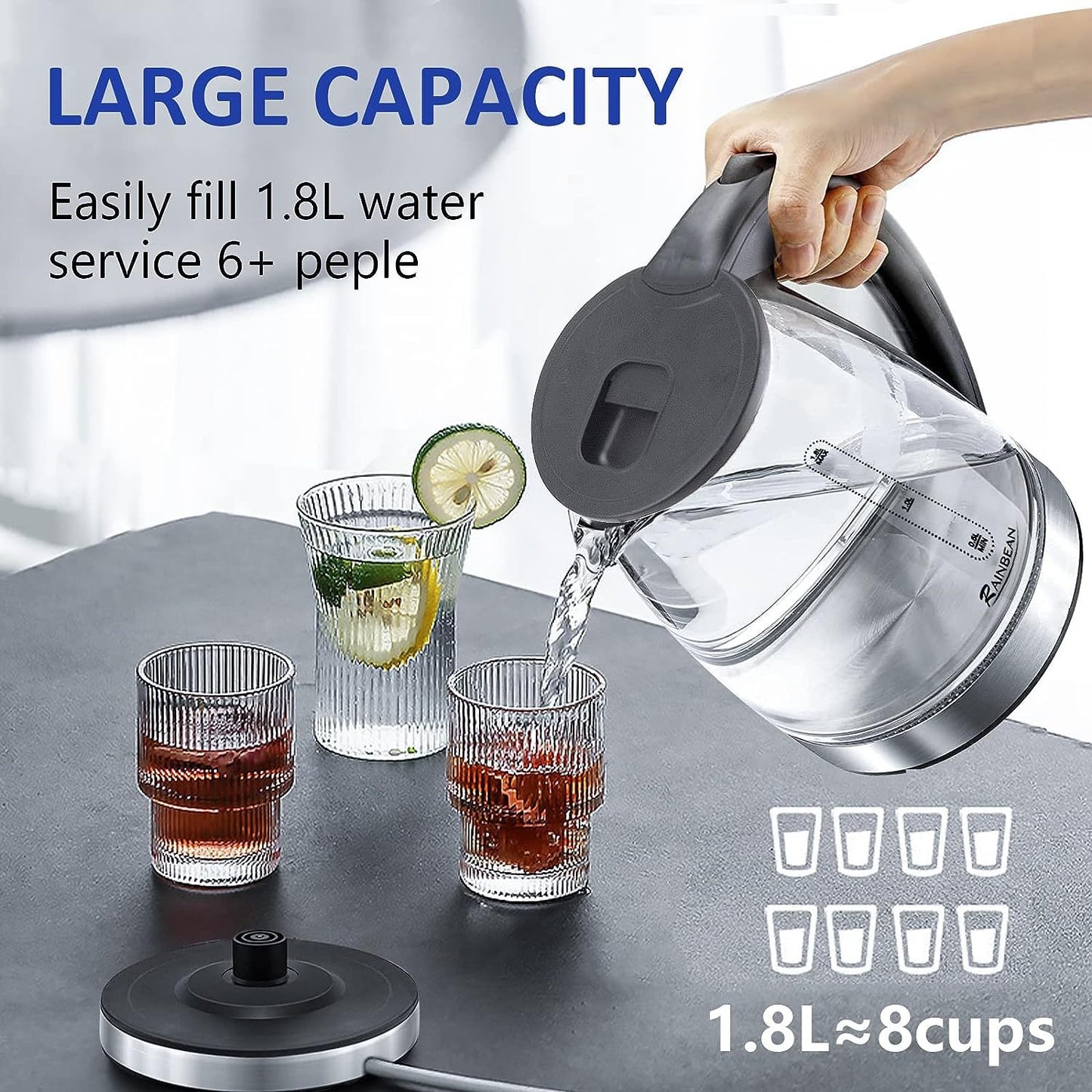 USA Local Electric Kettle Water Boiler, 1.8L Electric Tea Kettle, Wide Opening Hot Water Boiler With LED Light, Auto Shut-Off & Boil Dry Protection, Glass Black