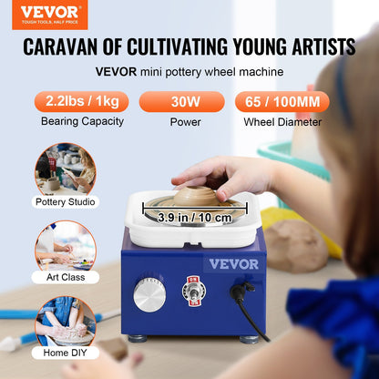 US Local VEVOR Mini Pottery Wheel, For Kids Or Beginners, 2 Turntables 2.6in 3.9in Ceramic Wheel Machine, Adjustable 0-300RPM Speed ABS Detachable Basin, 17 Pottery Accessories, Work Art Craft DIY, 30W, Blue