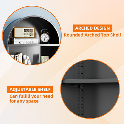 US Local Metal Arched Bookcase With Wheels, Modern Freestanding Black Arch Storage Cabinets For Home Office Bookshelf Living Room