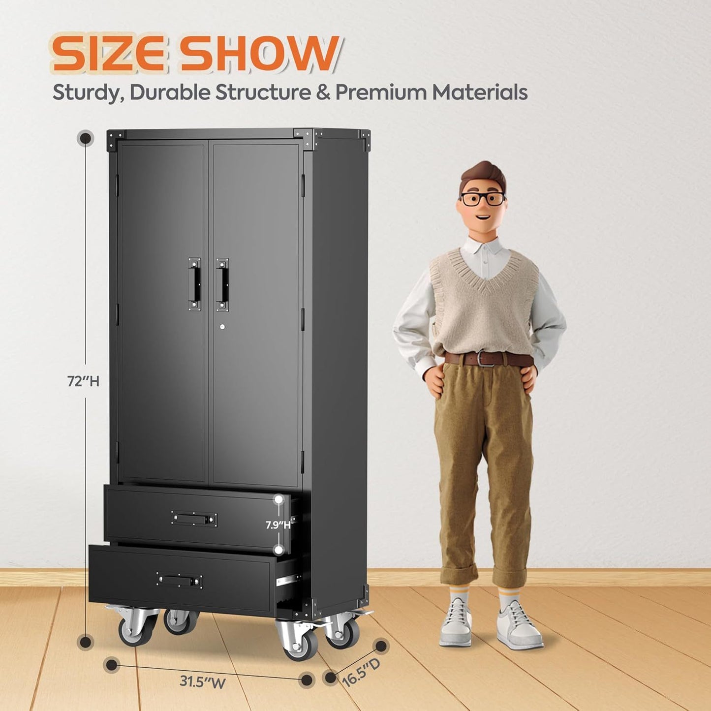 US Local Rolling Storage Cabinet With 2 Doors And 2 Drawers, Metal Storage Cabinet With Doors And Shelves, Locking Steel Cabinet For Warehouse, Home, Office Black