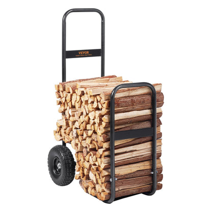 US Local Firewood Log Cart, 250 Lbs Capacity, Outdoor And Indoor Wood Rack Storage Mover With PU Wheels  Waterproof Cloth, Heavy Duty Steel Dolly Hauler, Firewood Carrier For Fireplace, Fire Pit, Black