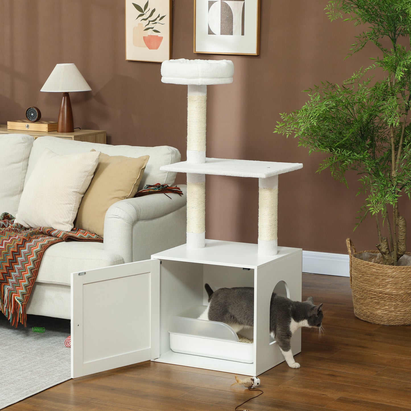 US Local Cat Tree With Litter Box Enclosure, Scratching Posts, Bed, Climbing Platforms For Indoor Cats, White