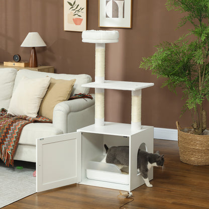 US Local Cat Tree With Litter Box Enclosure, Scratching Posts, Bed, Climbing Platforms For Indoor Cats, White