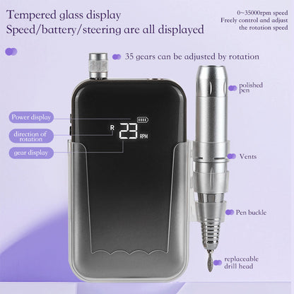 US Local Professional Electric Nail Drill, 45000 RPM Cordless Rechargeable E-File Machine, With 12 Bits, Sanding Bands, LCD Display For Acrylic Gel Nails
