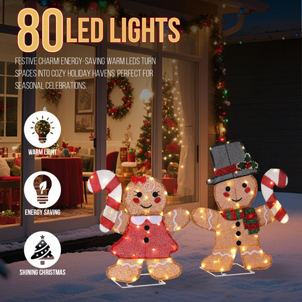 US Local Set Of 2 Lighted Gingerbread Man And Candy Cane Christmas Decorations, Pre-lit 2D Holiday Decor With 80 Warm White LED Lights For Xmas Outdoor Indoor Decor Lighted Holiday Displays