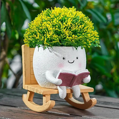 US Local 2 Pieces Of Cute Character Reading Rocking Chair Resin Flower Pots Indoor And Outdoor Plant Decoration Vase Home Flower Gift
