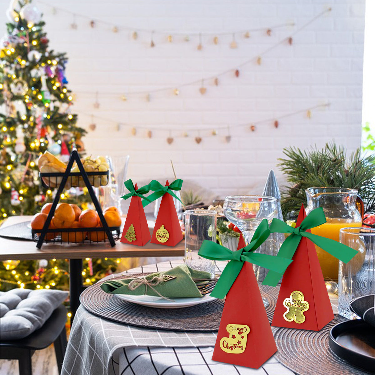 US Local 20 Packs Christmas Treat Boxes Goody Boxes Pre-Assembled Triangle Christmas Packing Box Christmas Tree Socks Gold Card Xtmas Cookie Gift Box For Christmas Birthday Wedding Party