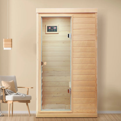 US Local Hemlock Mini One Person Far Infrared Door On The Left Of The Indoor Sauna Room