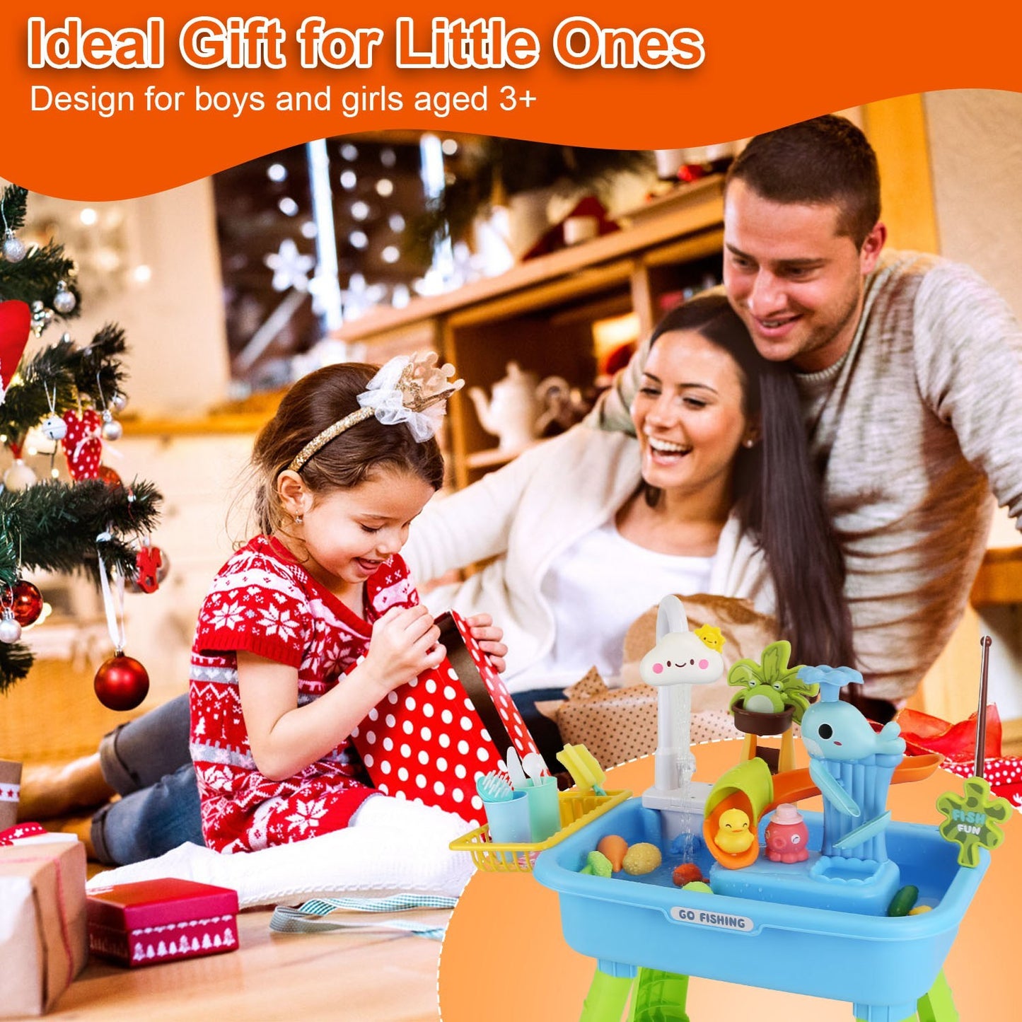 US Local 1Set 3 In 1 Kitchen Sink Toy With Electric Faucet Water Table Fishing Game Role Play Sink Set Indoor Outdoor For Kids Aged 3 Years Old