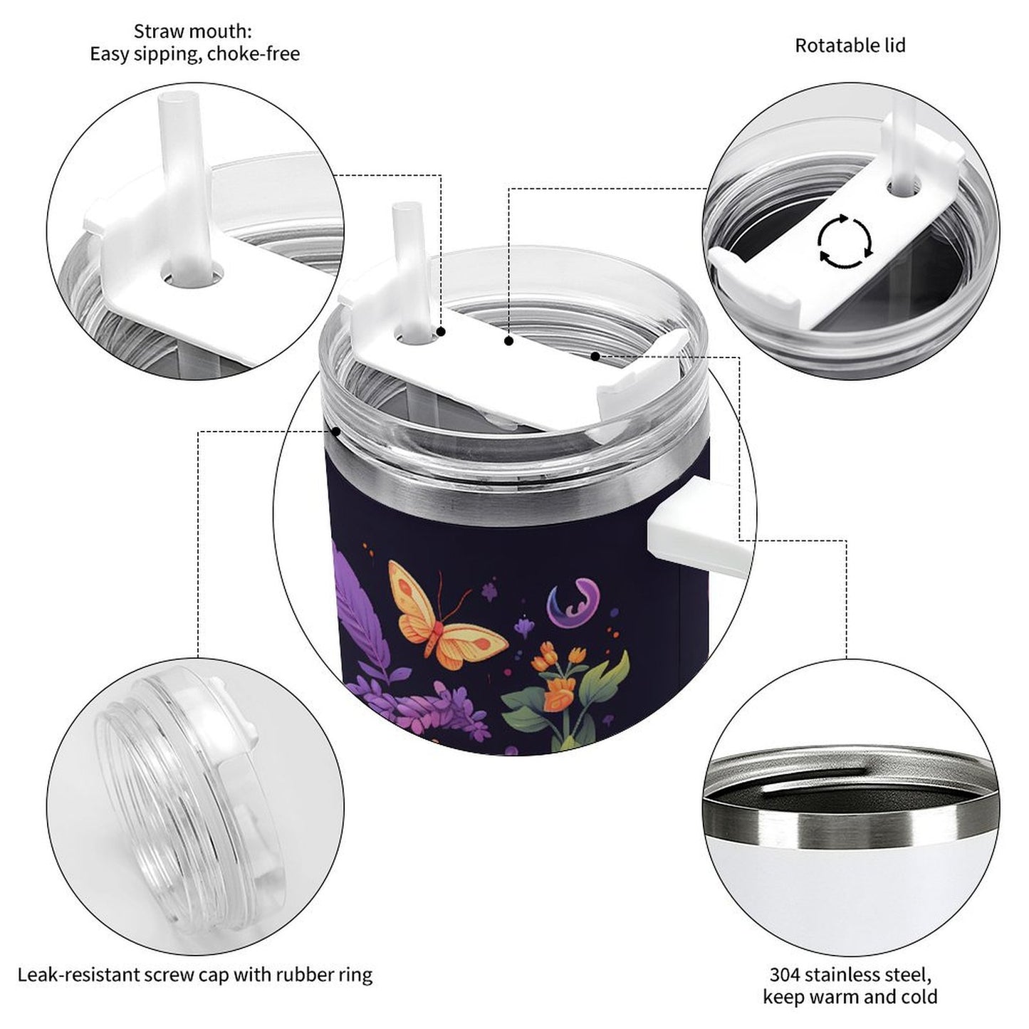 PHDT00528 POD US Local Tumbler 40oz Large Capacity Car Cup Butterflies, Mushrooms, Vitality