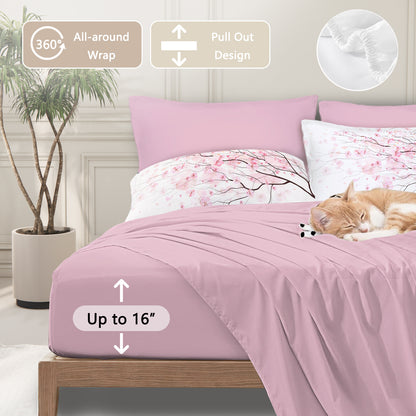 US Local Cherry Blossom Pattern Comforter Set 8PCS Twin Size Soft Bedding Set,1 Comforter,1 Pilow Cover,1 Flat Sheet,1 Fitted Sheet,4 Cushion Cover