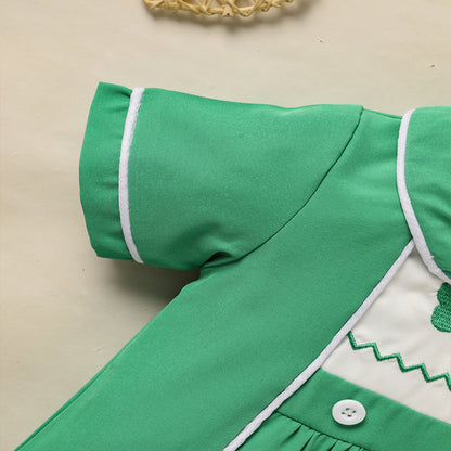 US Local Baby Green Lapel Short Sleeve Romper Clover Print Button Detail Playsuit With Snap Closure