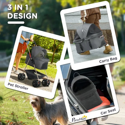 US Local 3 In 1 Pet Stroller With Detachable Carrier, Foldable Dog Stroller With Storage Basket, Cupholder, For Mini Dogs, Gray