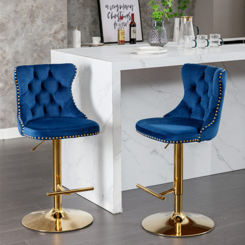 US Local Golden Swivel Velvet Barstools Adjusatble Seat Height From 25-33 Inch Blue,Set Of 2