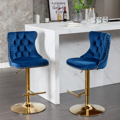 US Local Golden Swivel Velvet Barstools Adjusatble Seat Height From 25-33 Inch Blue,Set Of 2