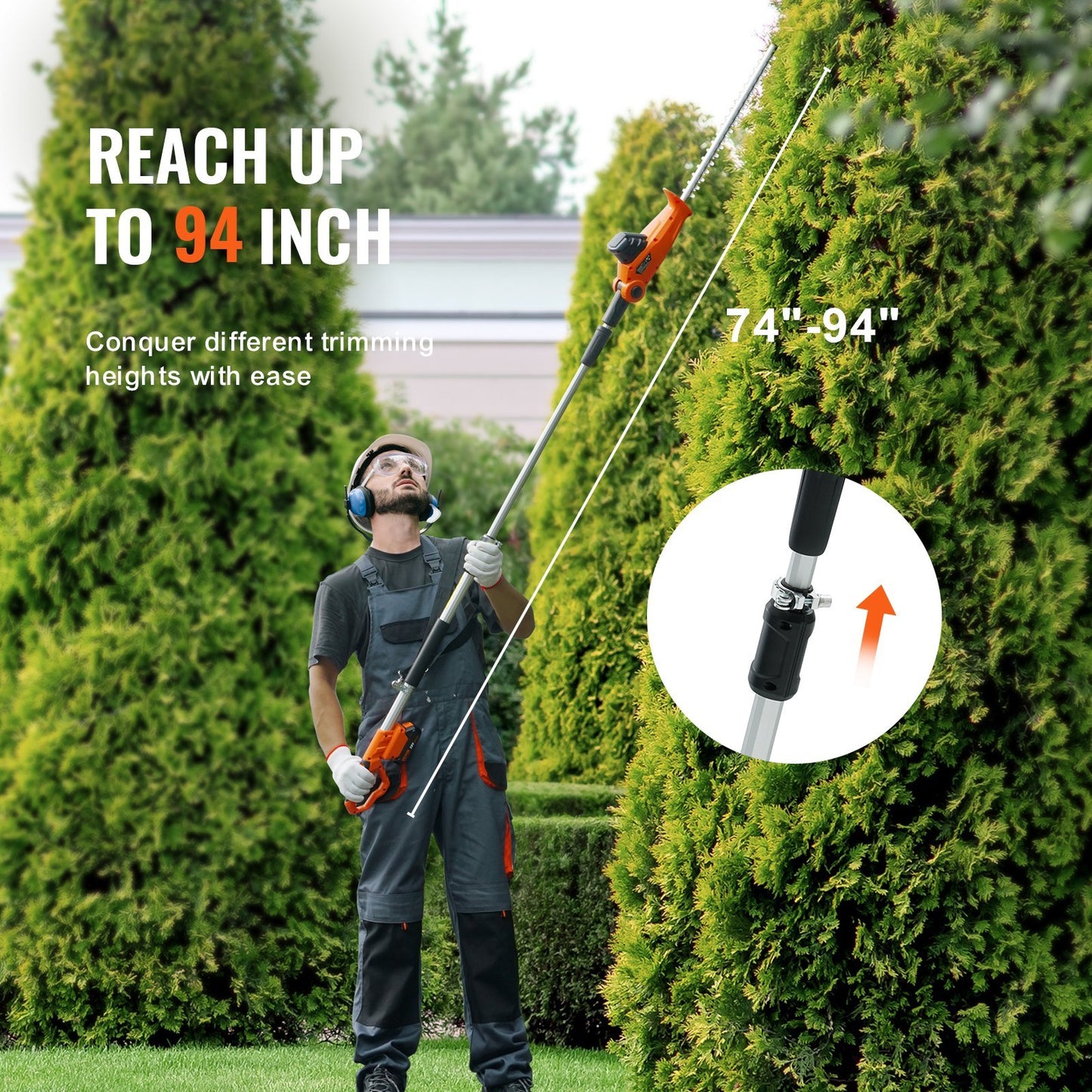 US Local VEVOR 20V Cordless Hedge Trimmer, 18 Inch Double-edged Steel Blade, Pole Hedge Trimmer Kit 20V Battery, Fast Charger Included, Telescoping Design For High Branches