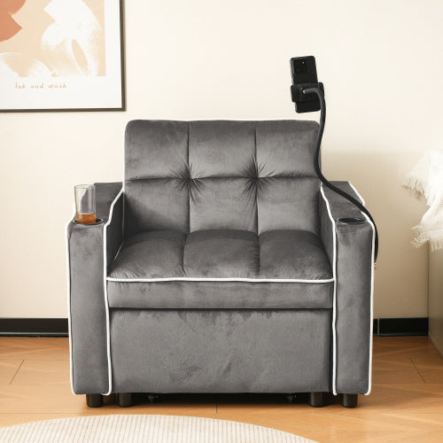 UK Local 3-in-1 Expandable Single Sofa Bed  With Drink Holders And Phone Holder, Sofa Recliner, Sleeper Chair, Armchair, Perfect For Small Spaces, 83x167x76 Cm