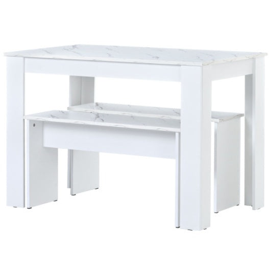UK Local Dining Table With 2 Benches Dining Table Set For Kitchen, Dining Room, Small Space Artificial Marble White