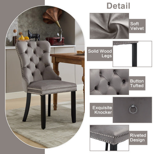 UK Local Modern Set Of 2 Upholstered Velvet Dining Chairs, Button Tufted Kitchen Lounge Chairs With Brushed Wood Legs, Riveted Trim And Knocker Ring, For Dining Room Living Room