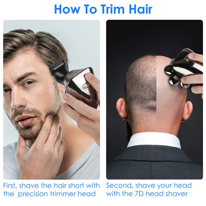 US Local 1Pc Head Shavers For Bald Men 5 In 1 7D Electric Rotary Razor Rechargeable Cordless Head Beard Trimmer Shaver Kit IPX6 Waterproof Dry Wet Grooming Kit With 3 Combs