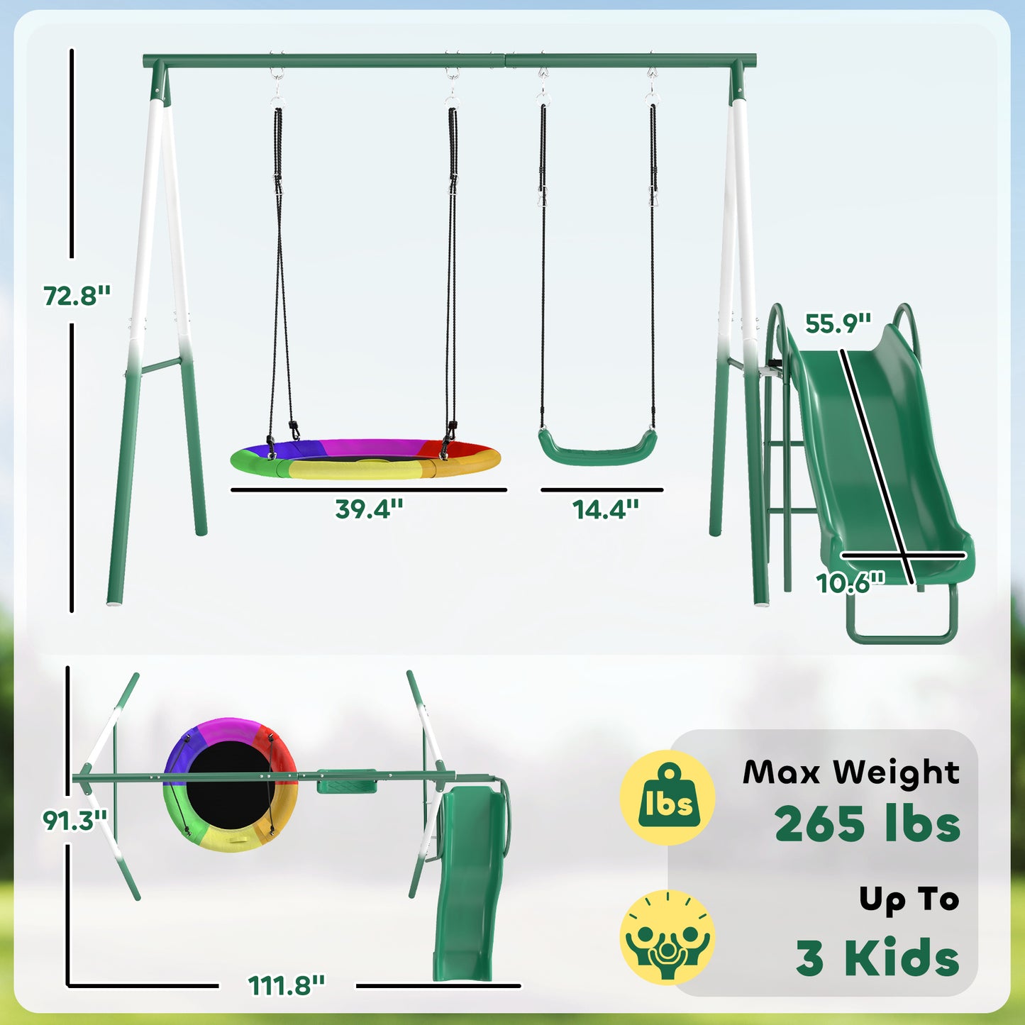 US Local Metal Swing Set With Slide, Saucer Swing Seat, Heavy Duty A-Frame Stand And Adjustable Rope For Backyard, Dark Green