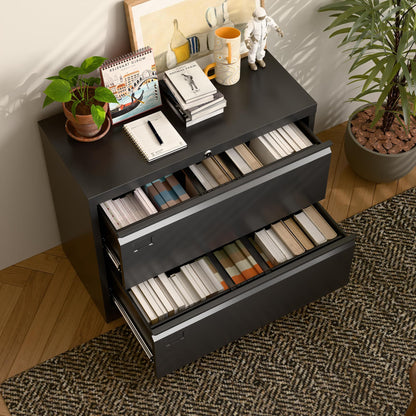 US Local Metal Lateral Filing Cabinet With 2 Drawers For Home Office, Locking Steel Wide File Storage Cabinet For Hanging Legal,Letter A4 Size, Assembly Required, Black