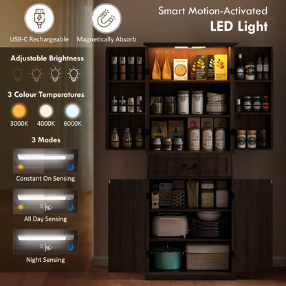 US Local 71 LED Kitchen Pantry Cabinet, Farmhouse Storage Cabinet With Door Shelves, Distressed Brown