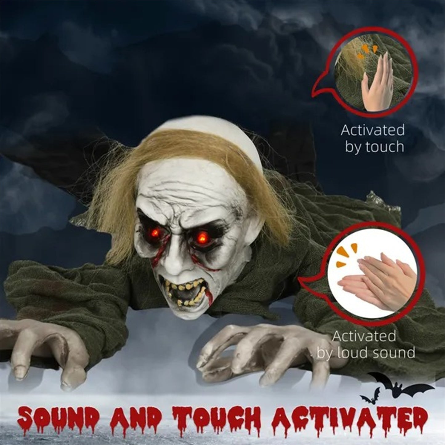 CA Local 66 Outdoor Halloween Decoration Crawling Zombie, Animated Prop Decor With Sound Activated, Light Up Eyes