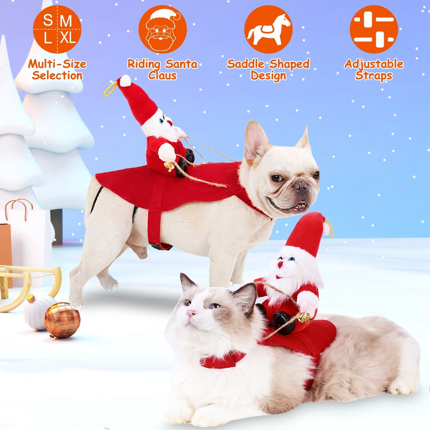 US Local S-M-L-XL Options -- 1Pc Pet Christmas Costumes Red Winter Coat For Dog Riding Santa Claus With Bell Clothes New Year Outfit Cosplay Costumes Party Dress Up For Cats