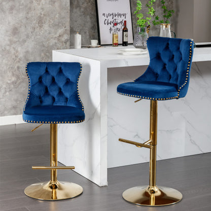 US Local Golden Swivel Velvet Barstools Adjusatble Seat Height From 25-33 Inch Blue,Set Of 2
