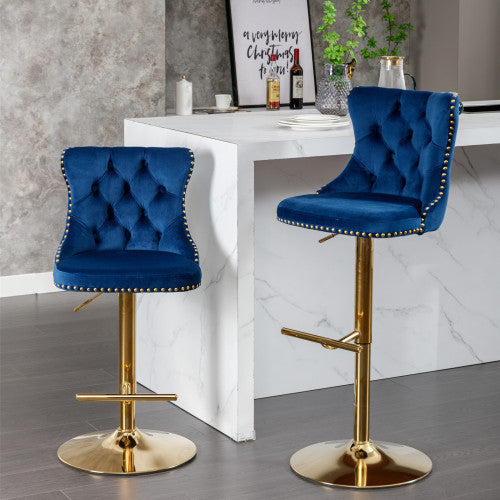 US Local Golden Swivel Velvet Barstools Adjusatble Seat Height From 25-33 Inch Blue,Set Of 2