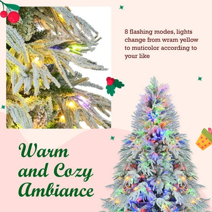 US Local 6FT Pre-Lit Spruce Snow Flocked Christmas Tree, Artificial Hinged Xmas Tree With 300 Multi-Color LED Lights, 8 Flashing Modes &790 Snow Branch Tips, Holiday Office Home