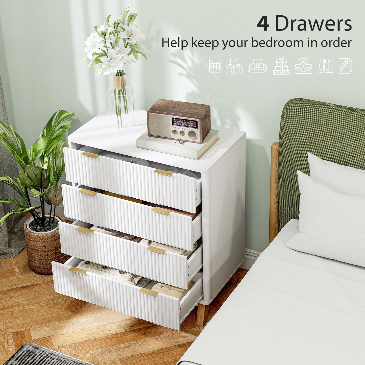 US Local 4 Drawer Double Dresser For Bedroom, Fluted Chest Of Drawers With Gold Finger Pulls And 4 Wood Legs, White