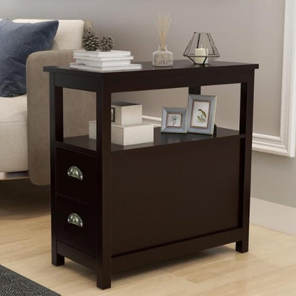 US Local Narrow Bedside Table With Two Drawers And Open Shelves