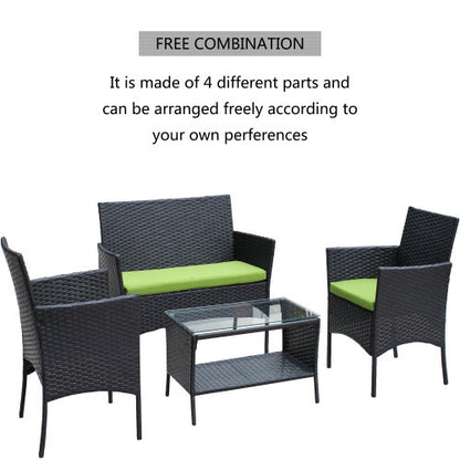 US Local 4 PC Rattan Patio Furniture Set Outdoor Patio Cushioned Seat Wicker Sofa Green Cushion