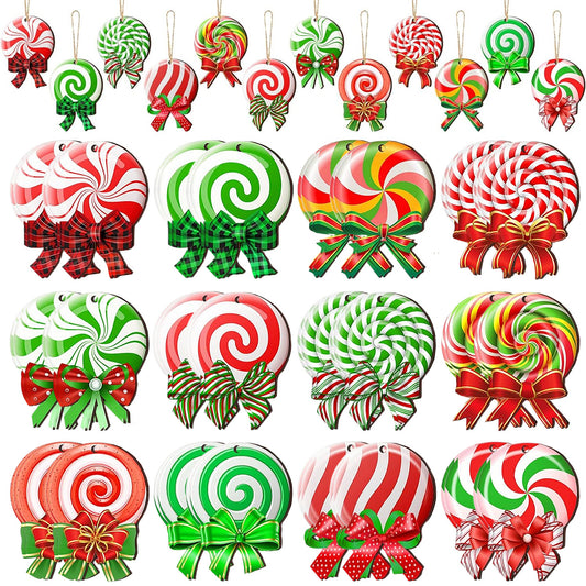 US Local 24 PCS Christmas Candy Ornament With Ropes Colorful Candy Round Lollipop Wooden Pendant Xmas Hanging Decoration For Christmas Indoor Outdoor Home Yard Party Porch Decor