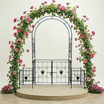 US Local Garden Arch Arbor Trellis For Climbing Plants With Gate, Durable Metal Garden Arch Outdoor Wedding Arch, For Wedding Ceremony Party Plant Climbing Rose Vines Lawn Courtyard Patio Black, 7.15ft