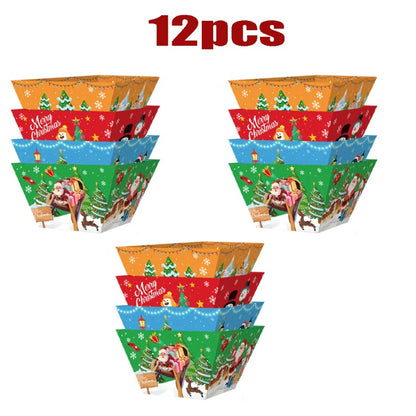 US Local 12 Pcs Christmas Paper Food Tray Tree Santa Gingerbread Elk Pattern Snack Bowl Xmas Party Disposable Paper Serving Tray Cute Popcorn Hot Dog Candy Container Boat For Winter Xmas Carnivals Decorations
